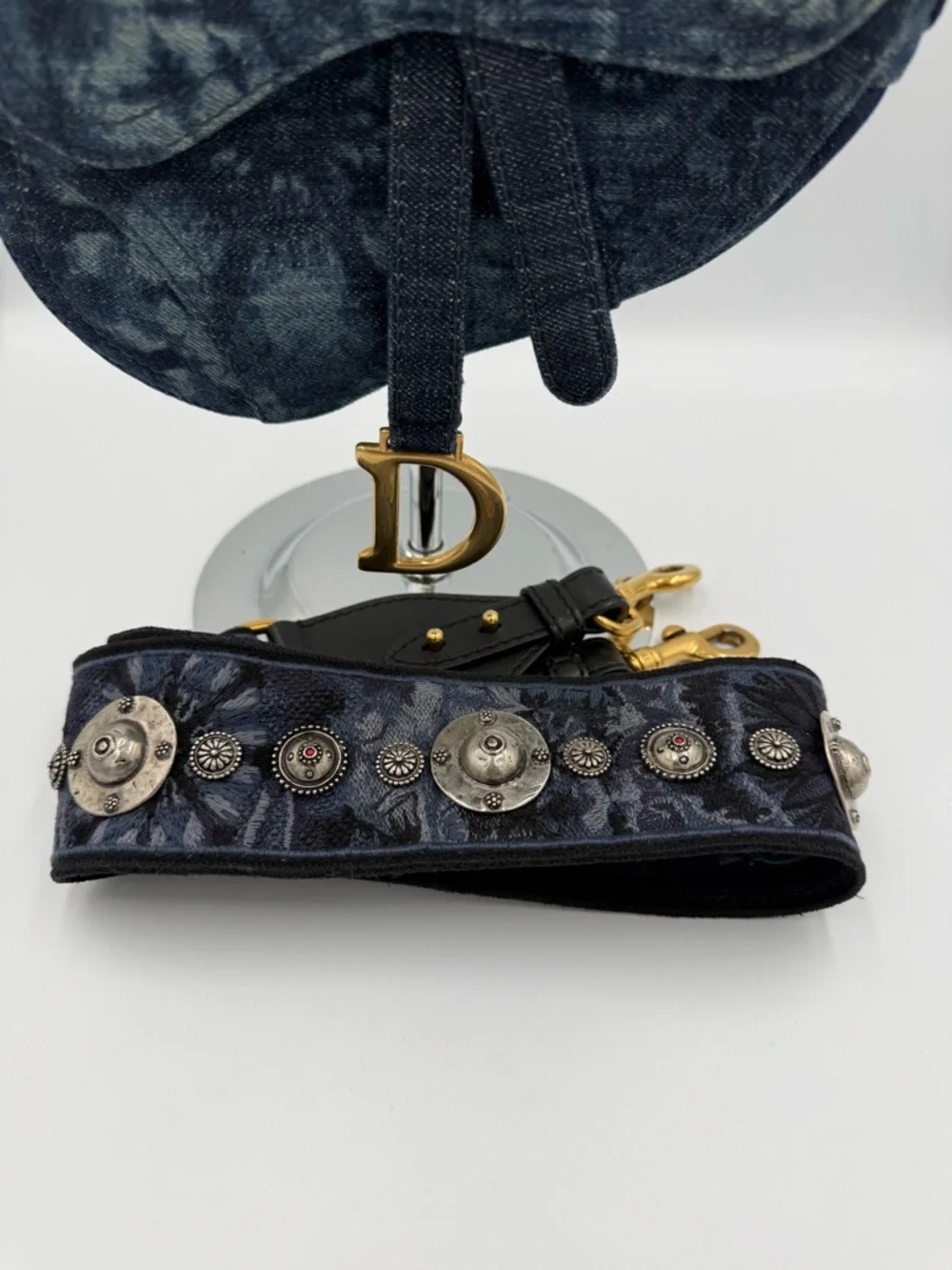 Dior Navy Denim Tie Dyed Saddle Mini Bag with Gold D Charm and Strap - Picture 3 of 16